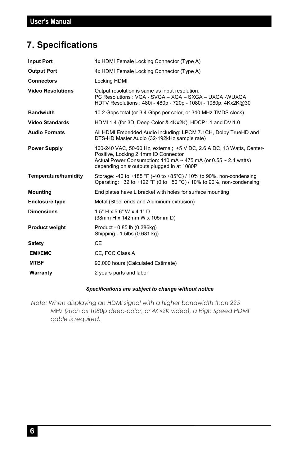 Specifications, User’s manual | Hall Research SP-HD-4A User Manual | Page 6 / 8