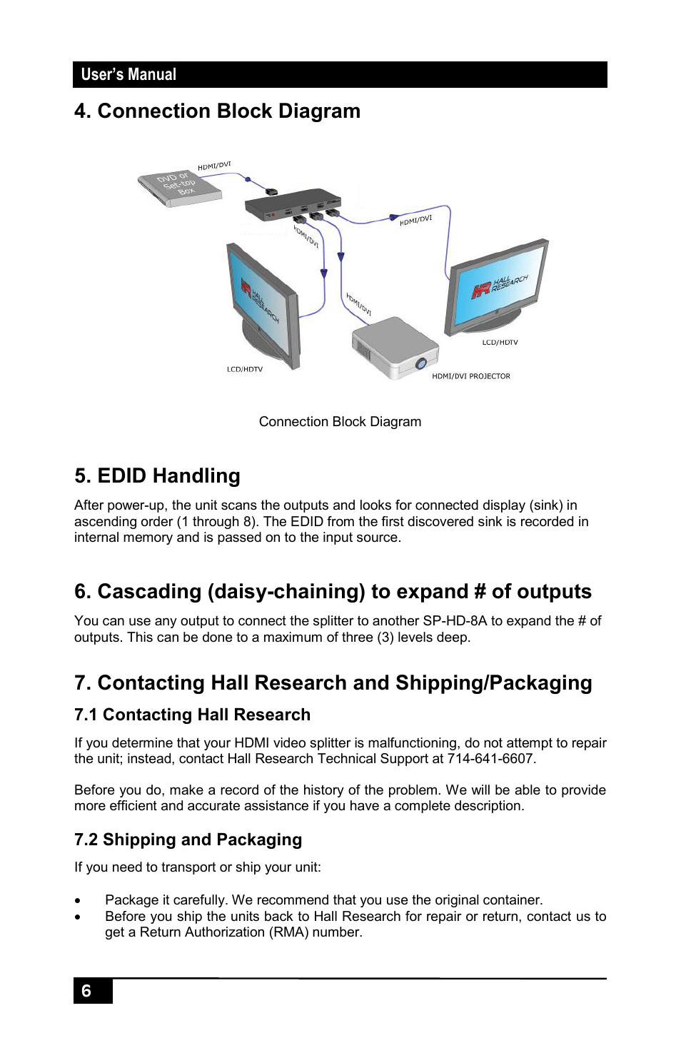 Connection block diagram, Edid handling, Cascading (daisy-chaining) to expand # of outputs | Contacting hall research and shipping/packaging, 1 contacting hall research, 2 shipping and packaging | Hall Research SP-HD-8A User Manual | Page 8 / 12
