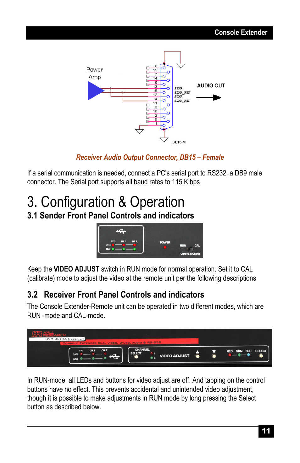 Configuration & operation, 1 sender front panel controls and indicators, 2 receiver front panel controls and indicators | Hall Research U97-Ultra-2B-S User Manual | Page 10 / 18