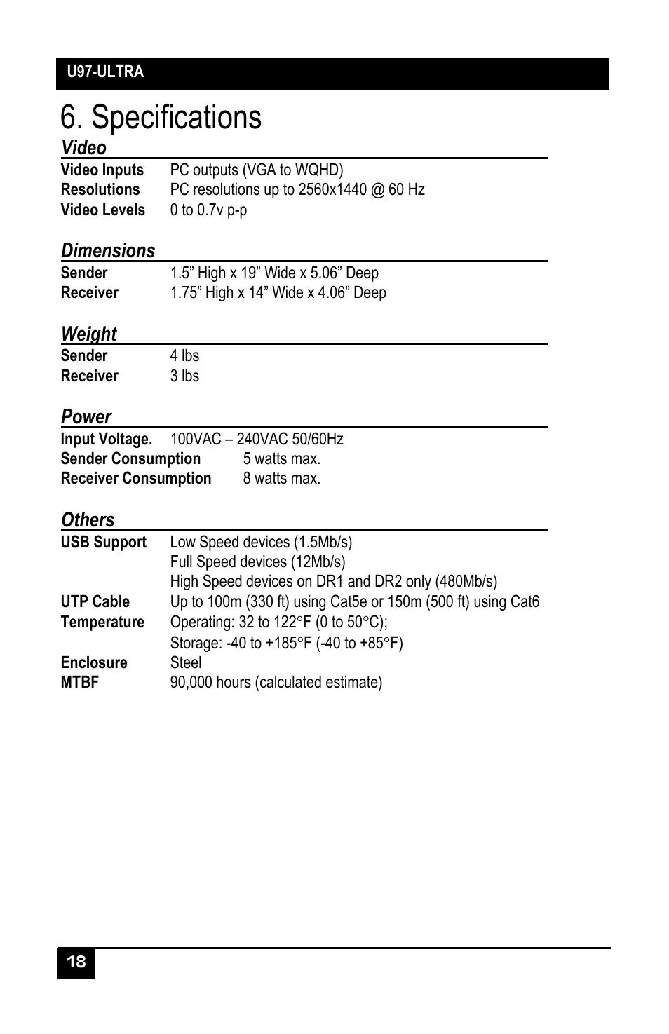 Specifications | Hall Research U97-Ultra-2B-S User Manual | Page 17 / 18