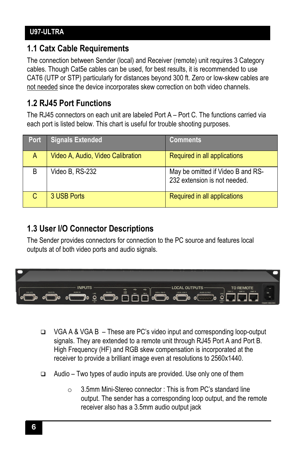 1 catx cable requirements, 2 rj45 port functions, 3 user i/o connector descriptions | Hall Research U97-Ultra-2B-S User Manual | Page 5 / 18