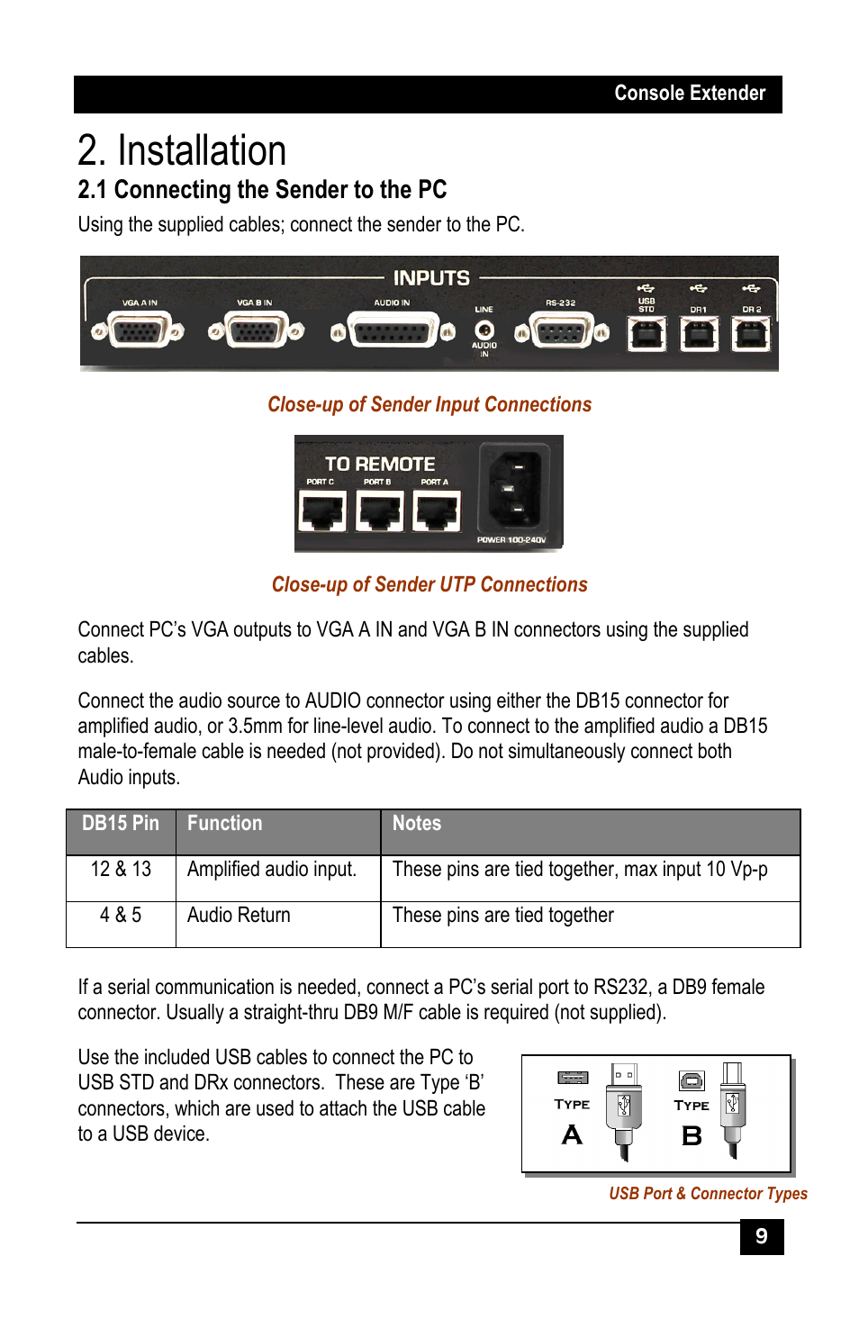 Installation, 1 connecting the sender to the pc | Hall Research U97-Ultra-2B-S User Manual | Page 8 / 18