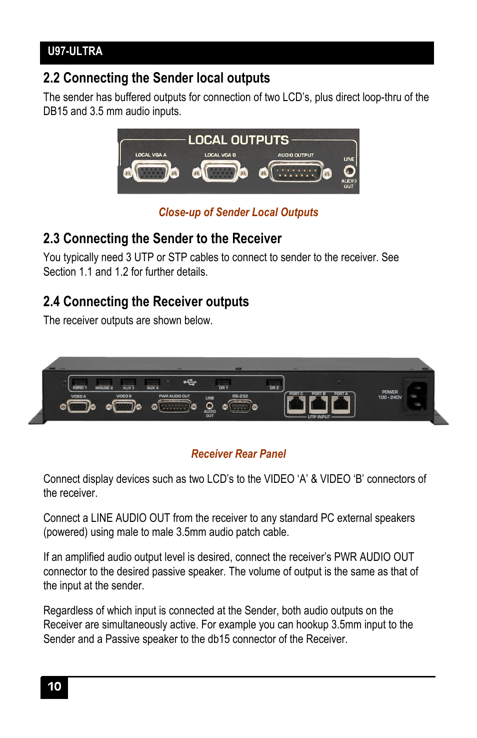 2 connecting the sender local outputs, 3 connecting the sender to the receiver, 4 connecting the receiver outputs | Hall Research U97-Ultra-2B-S User Manual | Page 9 / 18