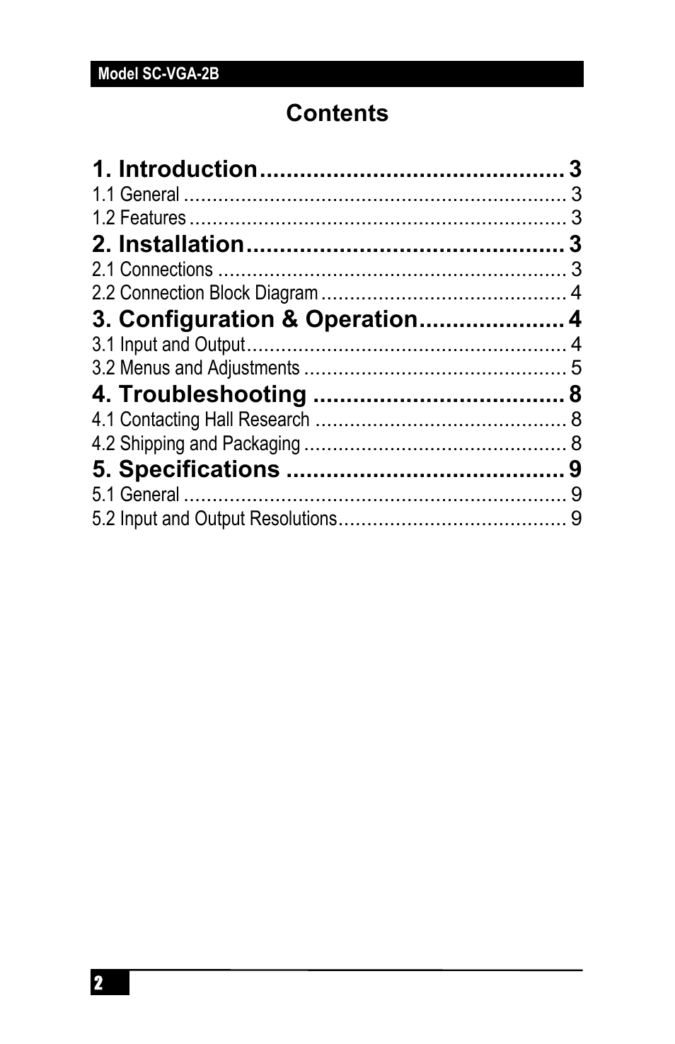 Contents 1. introduction, Installation, Configuration & operation | Troubleshooting, Specifications | Hall Research SC-VGA-2B User Manual | Page 4 / 16