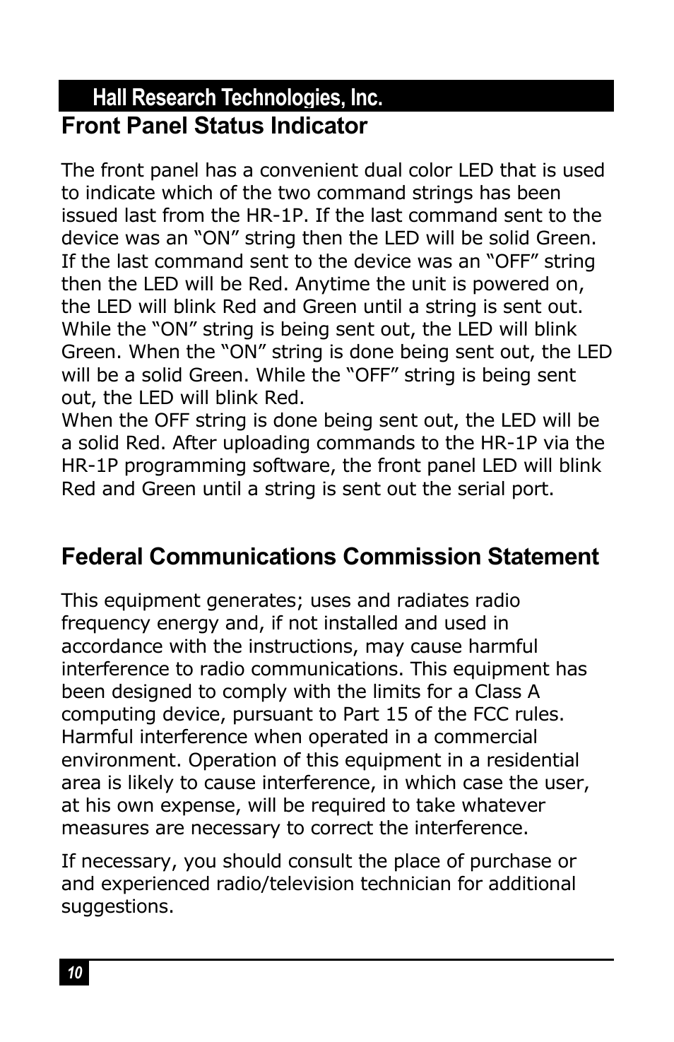 Federal communications commission statement | Hall Research HR-1P User Manual | Page 10 / 12