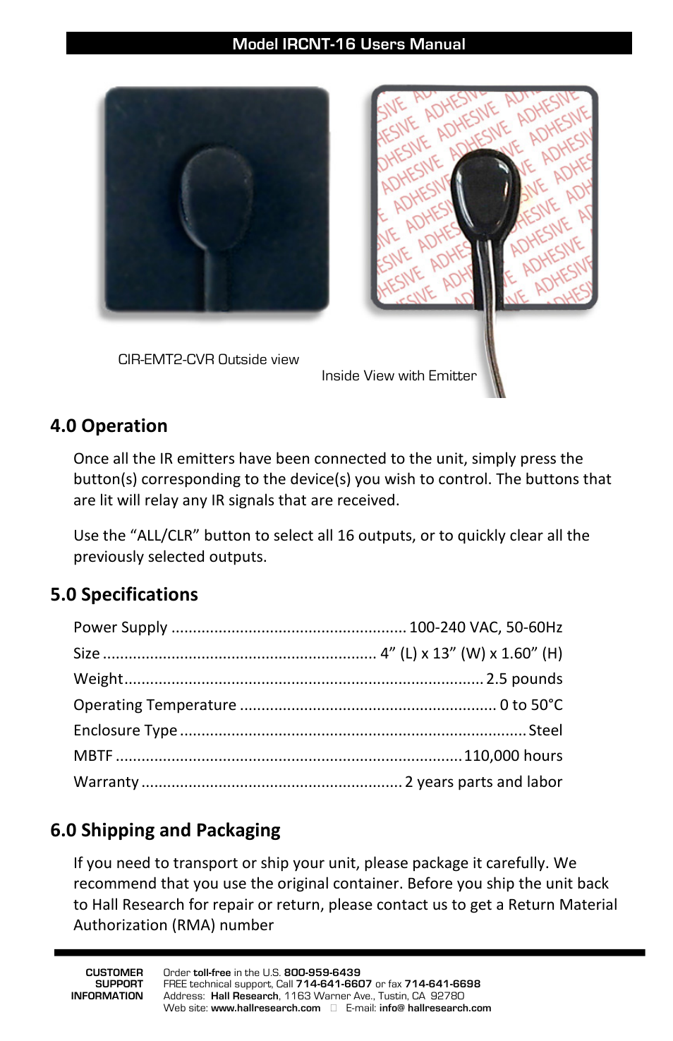 0 operation, 0 specifications, 0 shipping and packaging | Hall Research IRCNT-16 User Manual | Page 2 / 2