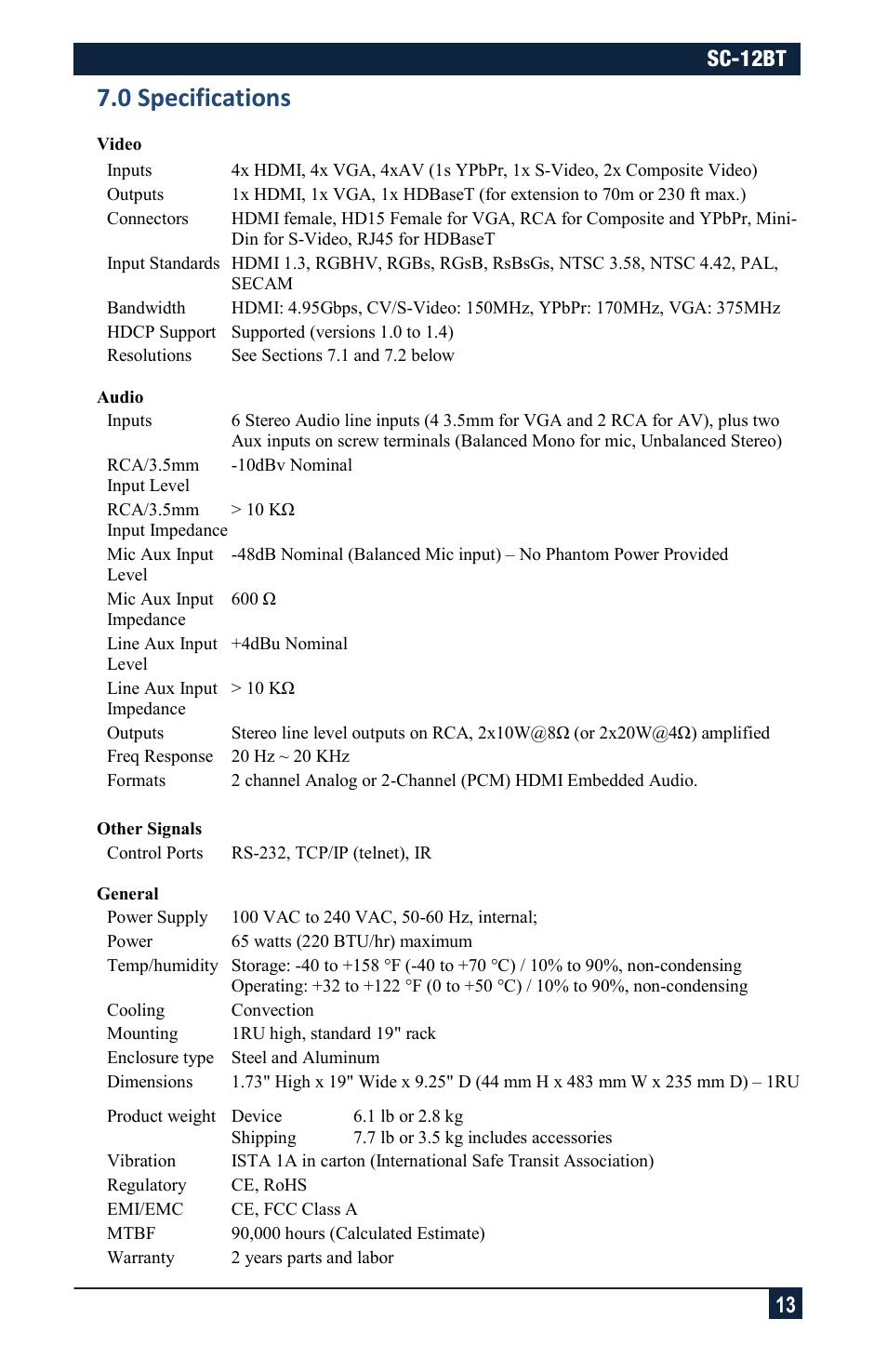 0 specifications, Sc-12bt 13 | Hall Research SC-12BT User Manual | Page 13 / 16