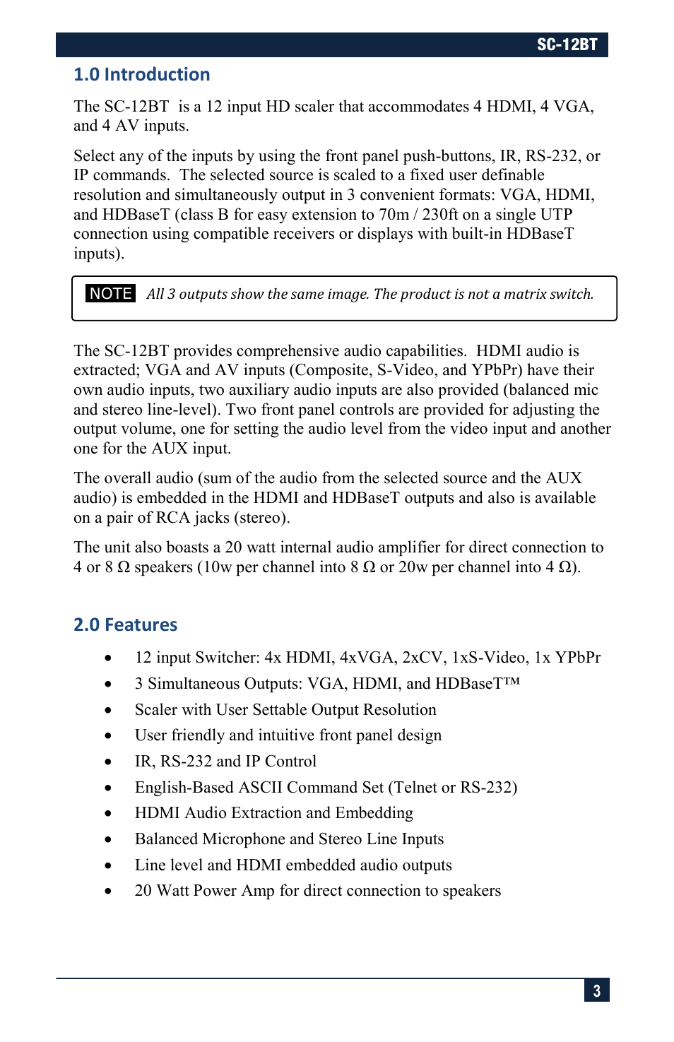 0 introduction, 0 features | Hall Research SC-12BT User Manual | Page 3 / 16