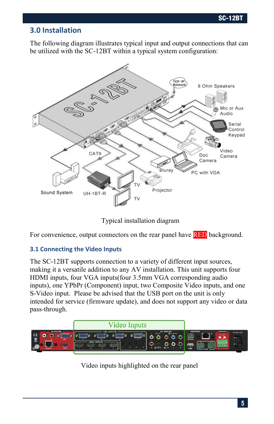 0 installation, 1 connecting the video inputs | Hall Research SC-12BT User Manual | Page 5 / 16