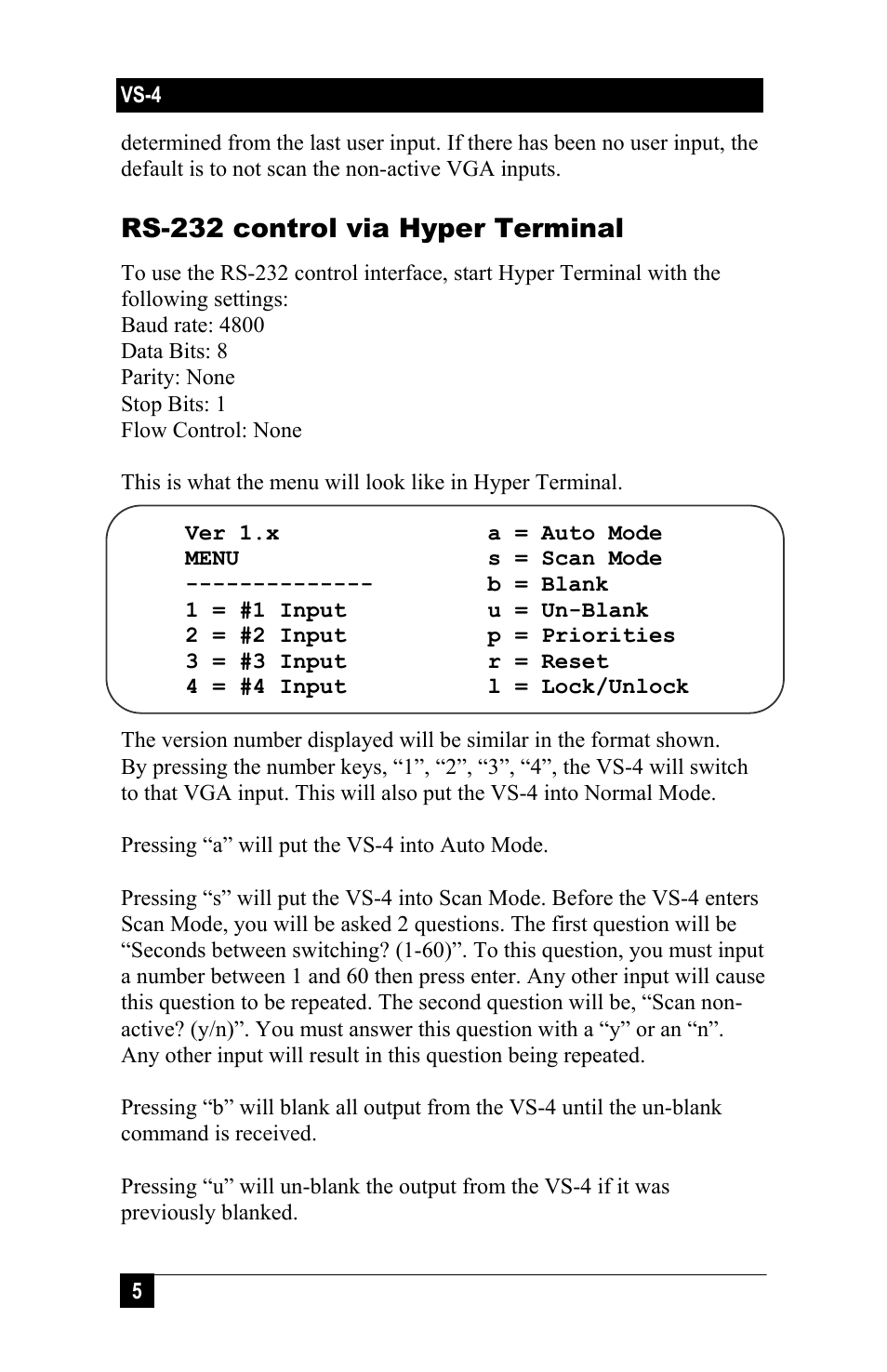 Rs-232 control via hyper terminal | Hall Research VS-4-B1 User Manual | Page 6 / 8