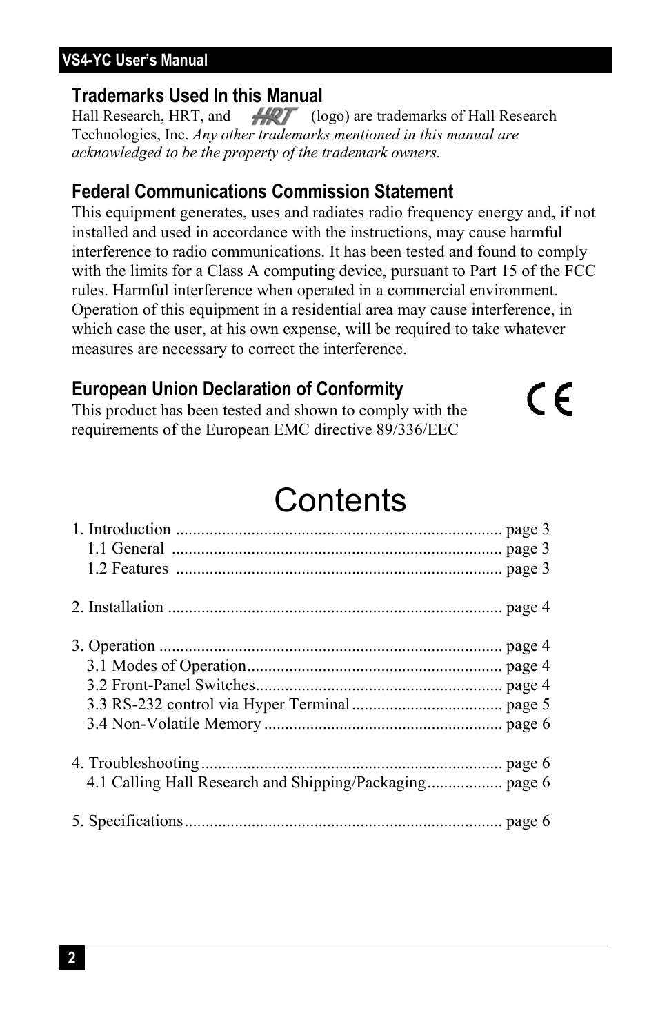 Hall Research VS4-YC User Manual | Page 2 / 8