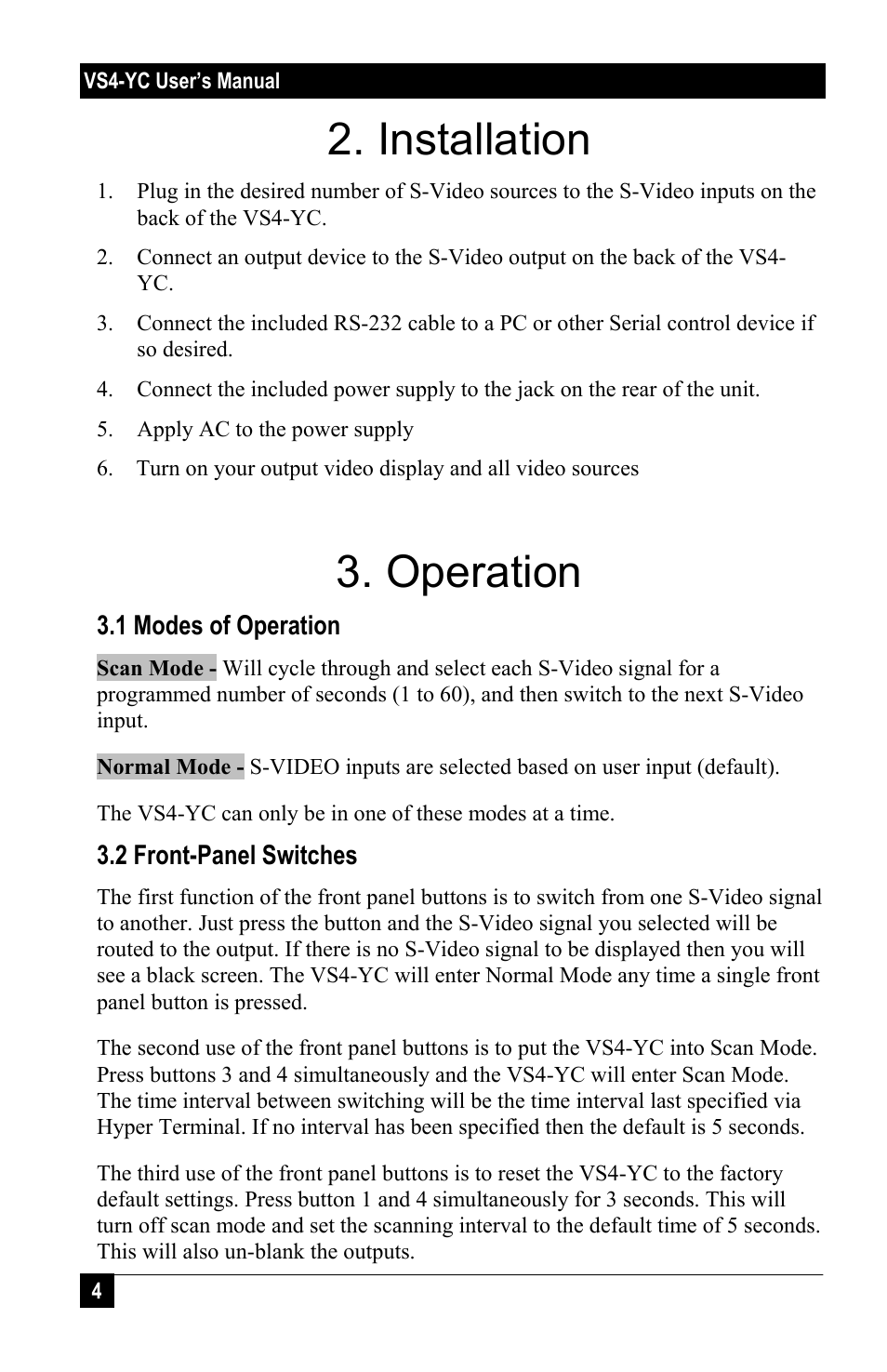 Installation, Operation | Hall Research VS4-YC User Manual | Page 4 / 8