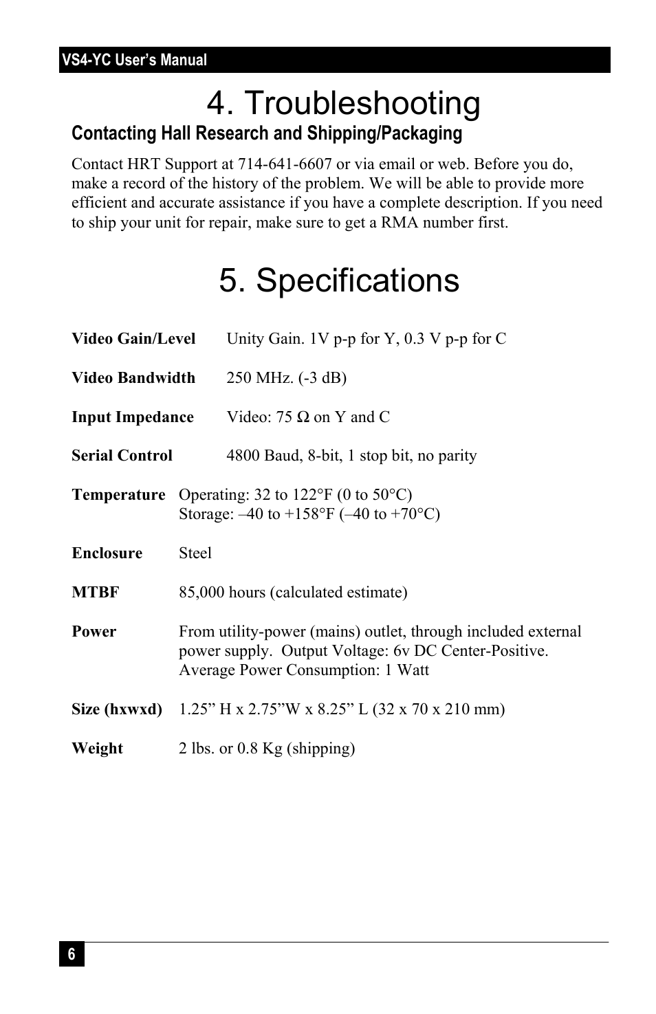 Troubleshooting, Specifications | Hall Research VS4-YC User Manual | Page 6 / 8