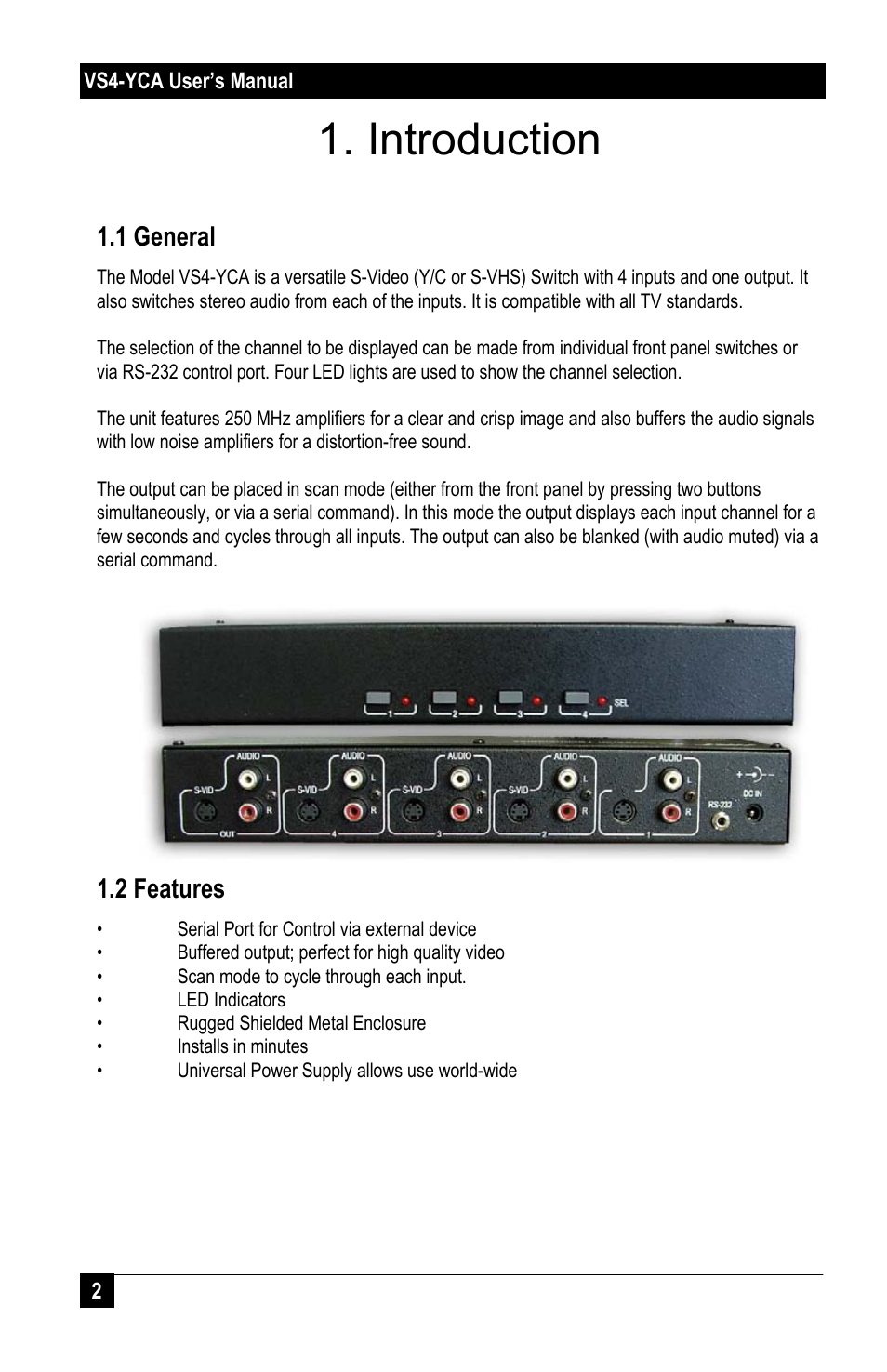 Introduction, 1 general, 2 features | Hall Research VS4-YCA User Manual | Page 4 / 8