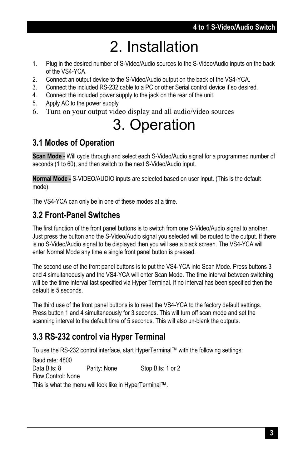 Installation, Operation | Hall Research VS4-YCA User Manual | Page 5 / 8