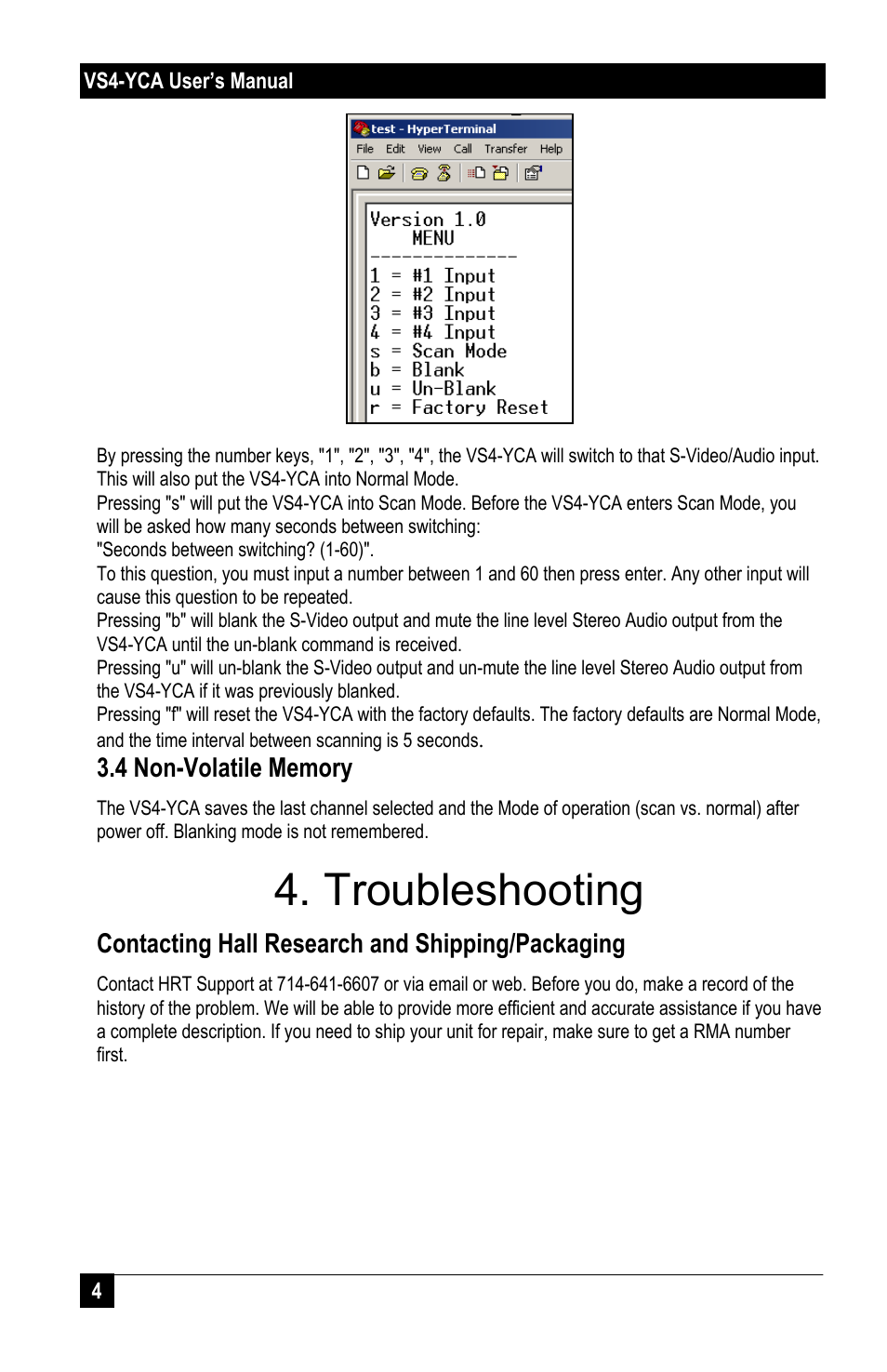 Troubleshooting | Hall Research VS4-YCA User Manual | Page 6 / 8