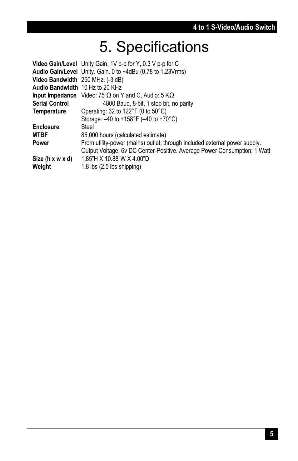 Specifications | Hall Research VS4-YCA User Manual | Page 7 / 8