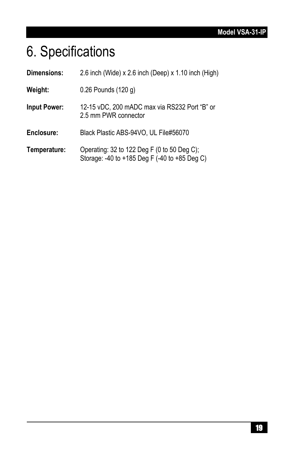 Specifications | Hall Research VSA-31-IP User Manual | Page 21 / 24