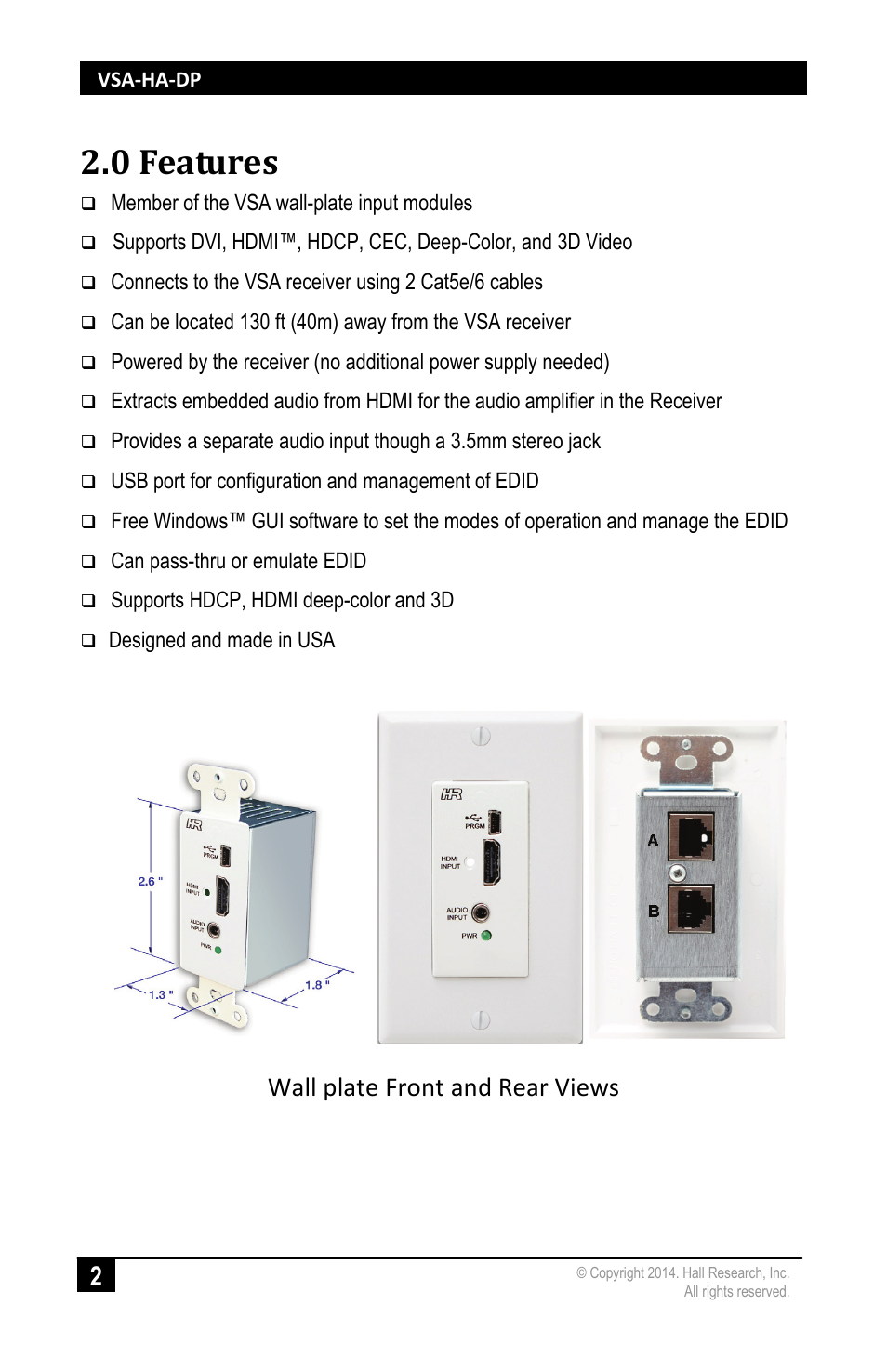 0 features, Features, Wall plate front and rear views | Hall Research VSA-HA-DP User Manual | Page 4 / 8