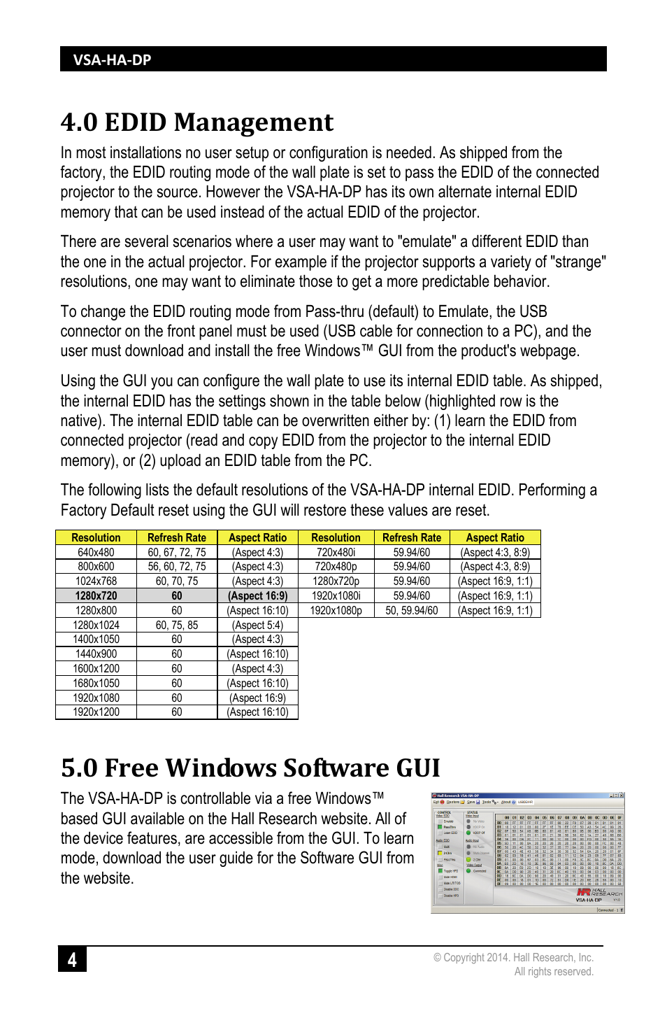 0 edid management, 0 free windows software gui, Edid management | Free windows software gui, Vsa-ha-dp | Hall Research VSA-HA-DP User Manual | Page 6 / 8