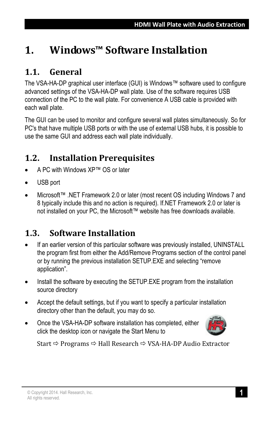 Windows™ software installation, General, Installation prerequisites | Software installation | Hall Research VSA-HA-DP User Manual | Page 3 / 12