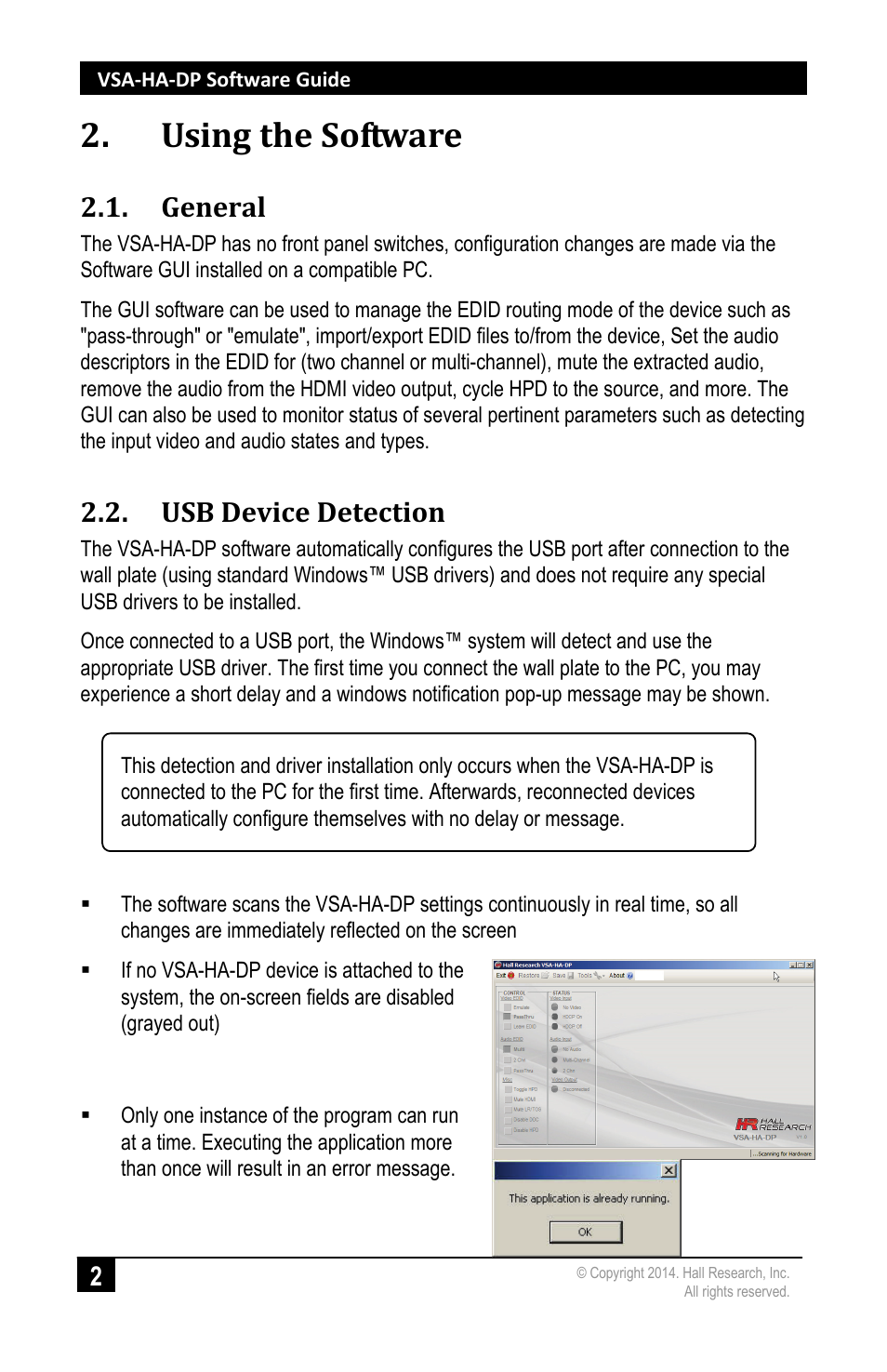 Using the software, General, Usb device detection | Hall Research VSA-HA-DP User Manual | Page 4 / 12