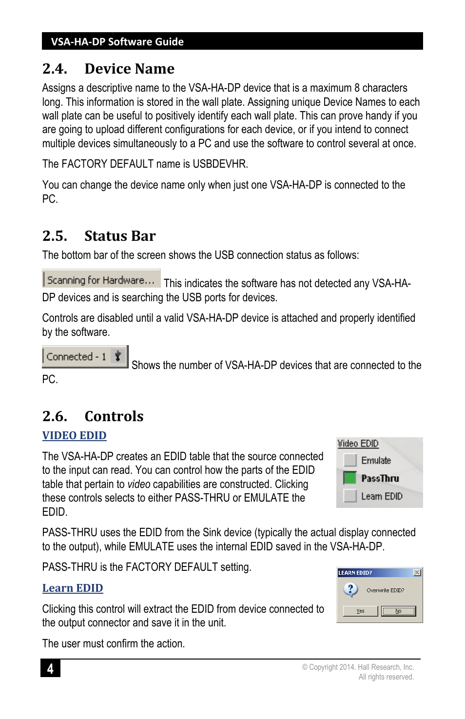 Device name, Status bar, Controls | Hall Research VSA-HA-DP User Manual | Page 6 / 12