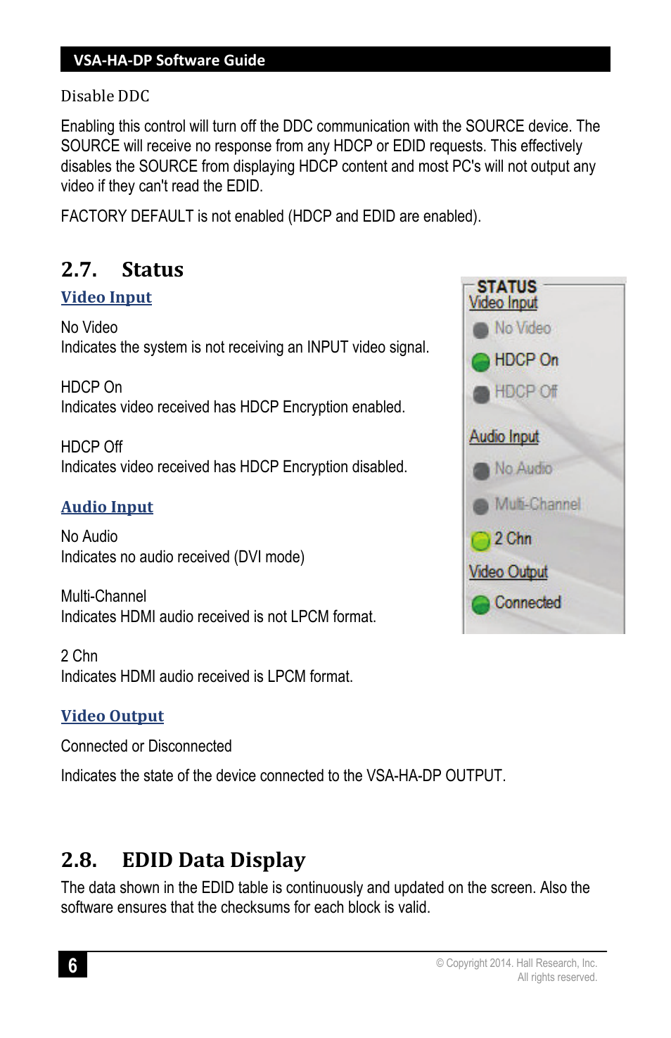 Status, Edid data display | Hall Research VSA-HA-DP User Manual | Page 8 / 12