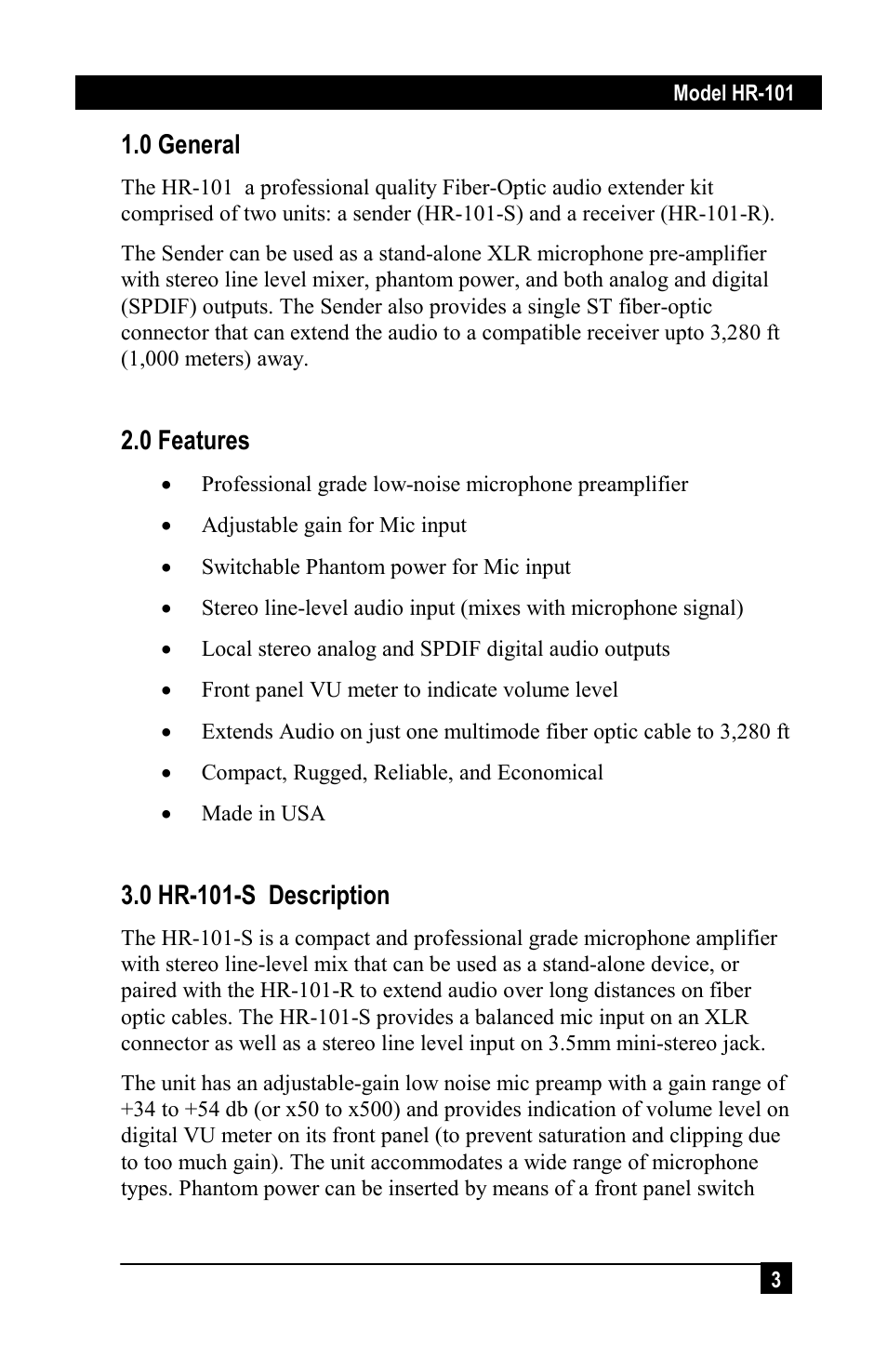 0 general, 0 features, 0 hr-101-s description | Hall Research HR-101-S User Manual | Page 3 / 8