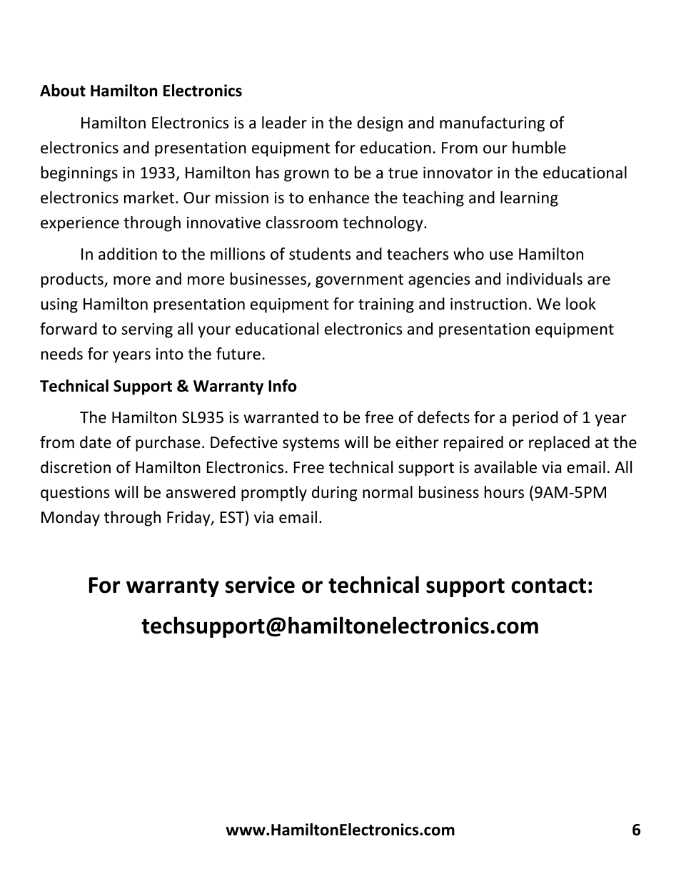 Hamilton Buhl SL-900 Series User Manual | Page 6 / 6