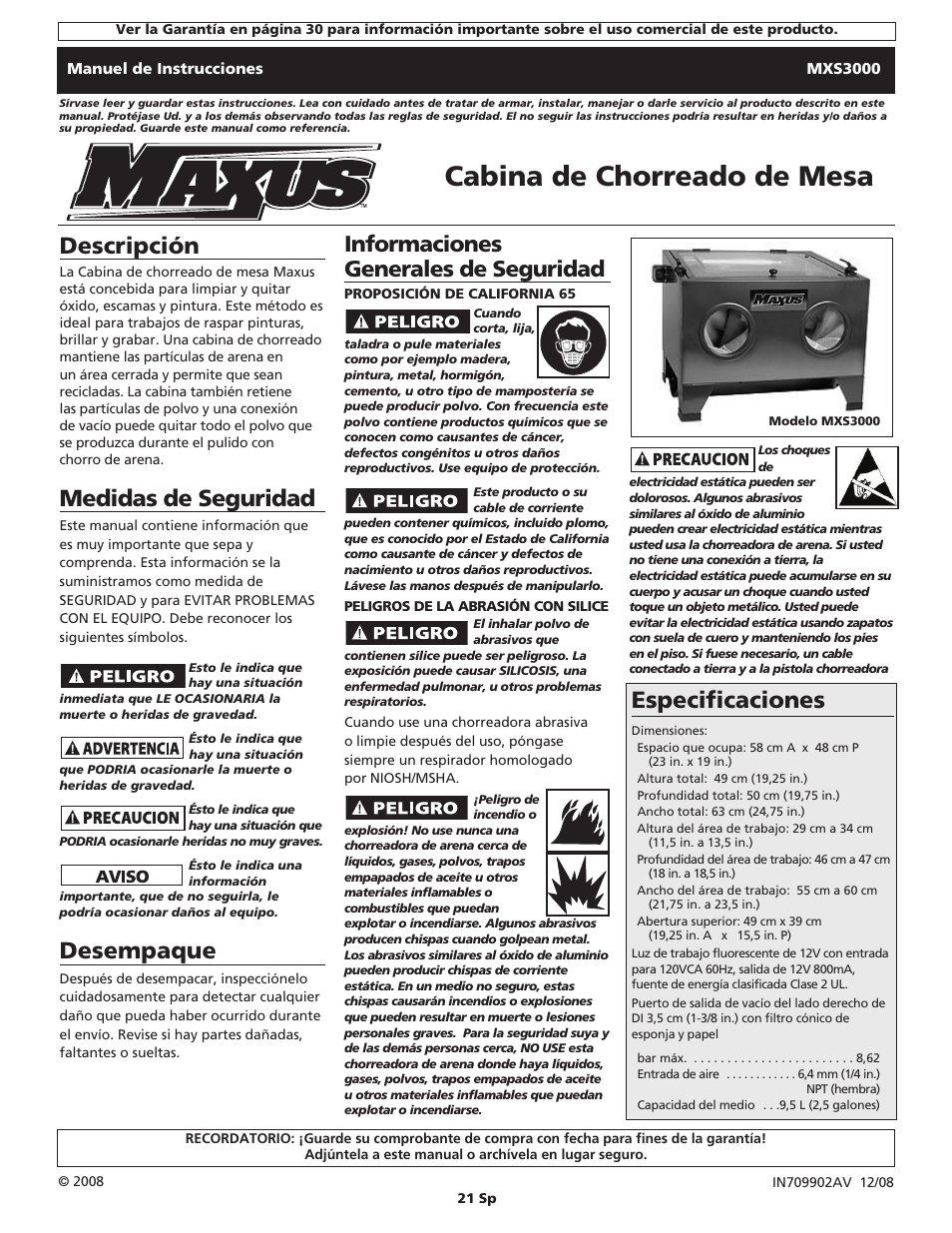 Cabina de chorreado de mesa, Descripción, Medidas de seguridad | Desempaque, Especificaciones, Informaciones generales de seguridad | Maxus tools MXS3000 User Manual | Page 21 / 32