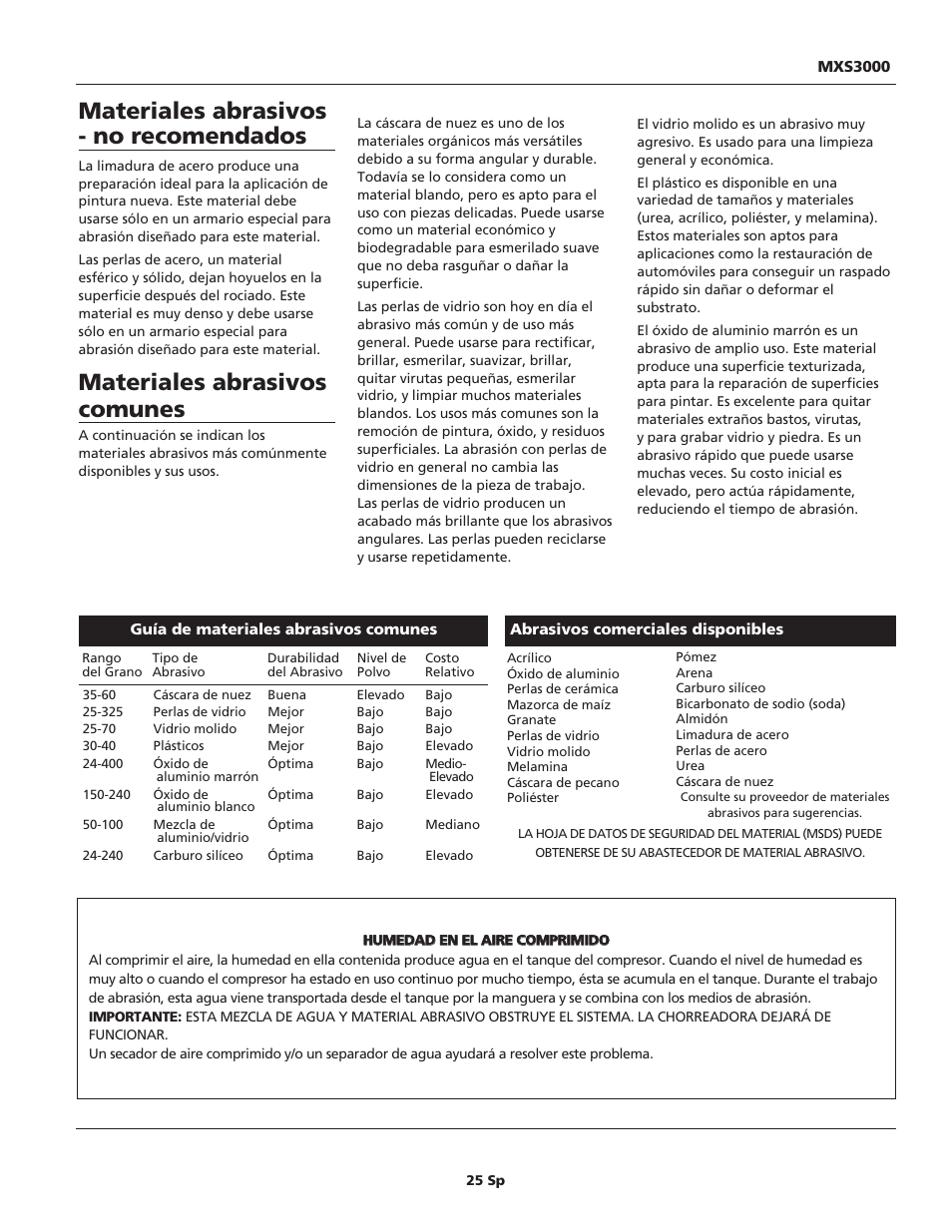 Materiales abrasivos comunes, Materiales abrasivos - no recomendados | Maxus tools MXS3000 User Manual | Page 25 / 32