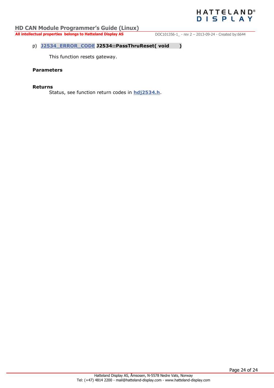 Hd can module programmer’s guide (linux) | Hatteland Display HT B22 (Fanless) User Manual | Page 24 / 24