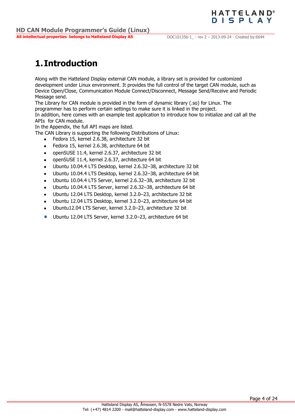 Introduction, Hd can module programmer’s guide (linux) | Hatteland Display HT B22 (Fanless) User Manual | Page 4 / 24
