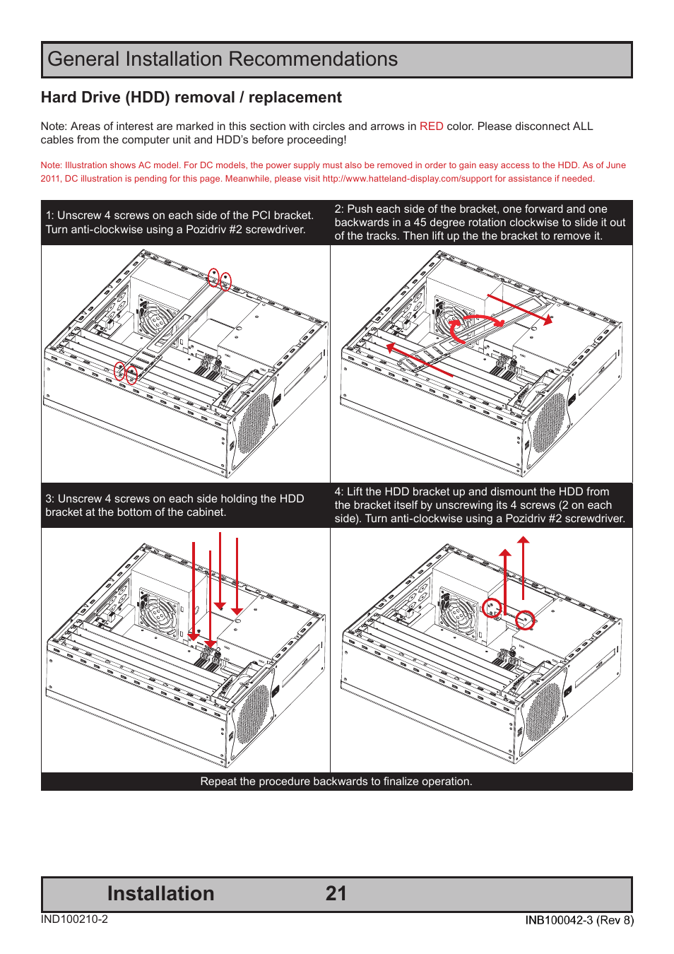 General installation recommendations installation, Hard drive (hdd) removal / replacement | Hatteland Display HM C01 (Rugged) User Manual | Page 21 / 52