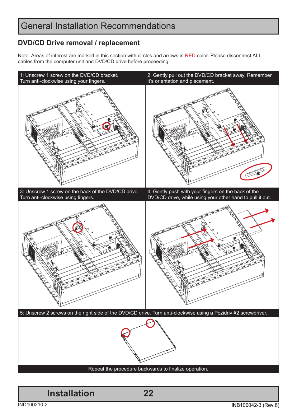 General installation recommendations installation, Dvd/cd drive removal / replacement | Hatteland Display HM C01 (Rugged) User Manual | Page 22 / 52