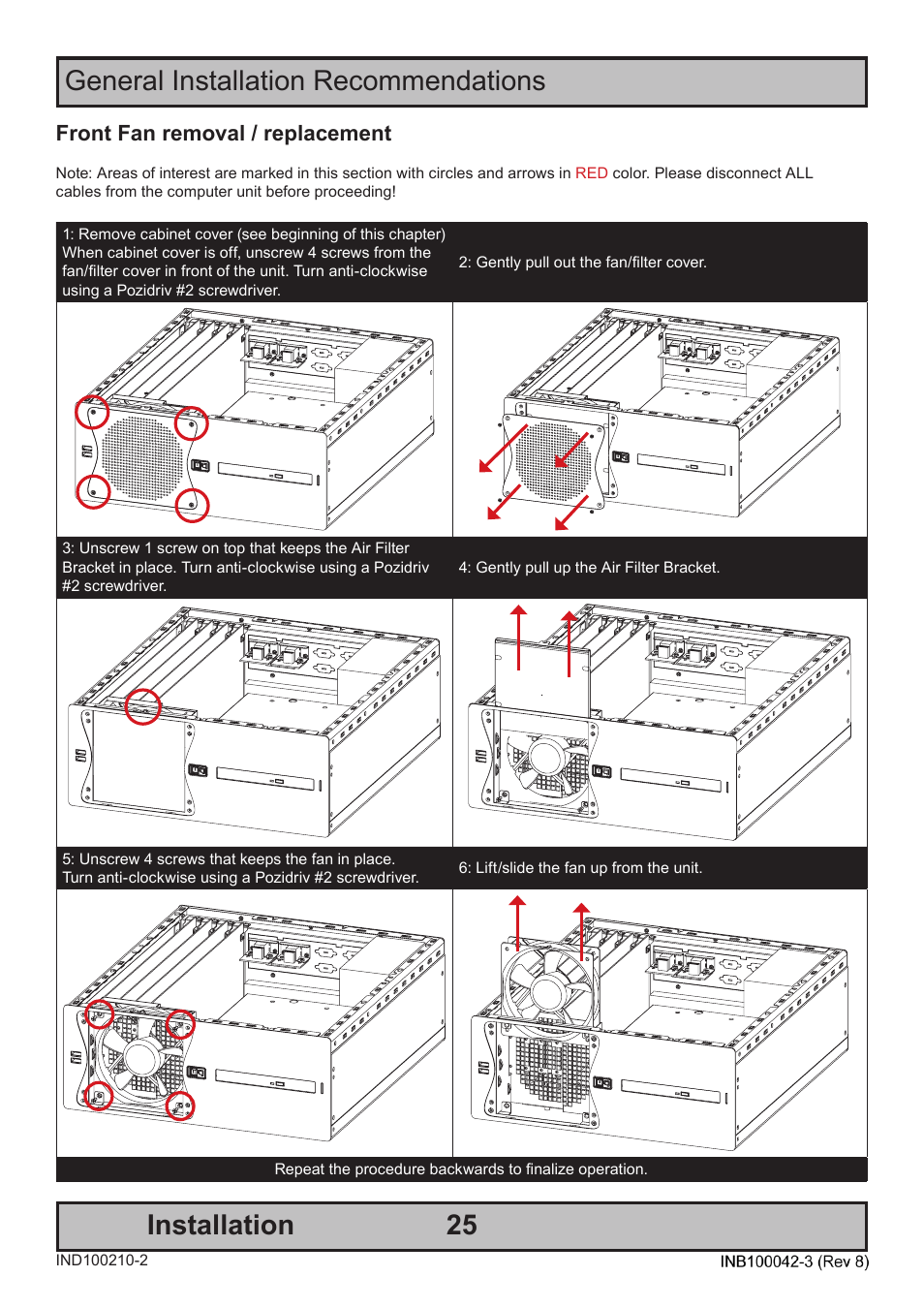 General installation recommendations installation, Front fan removal / replacement | Hatteland Display HM C01 (Rugged) User Manual | Page 25 / 52