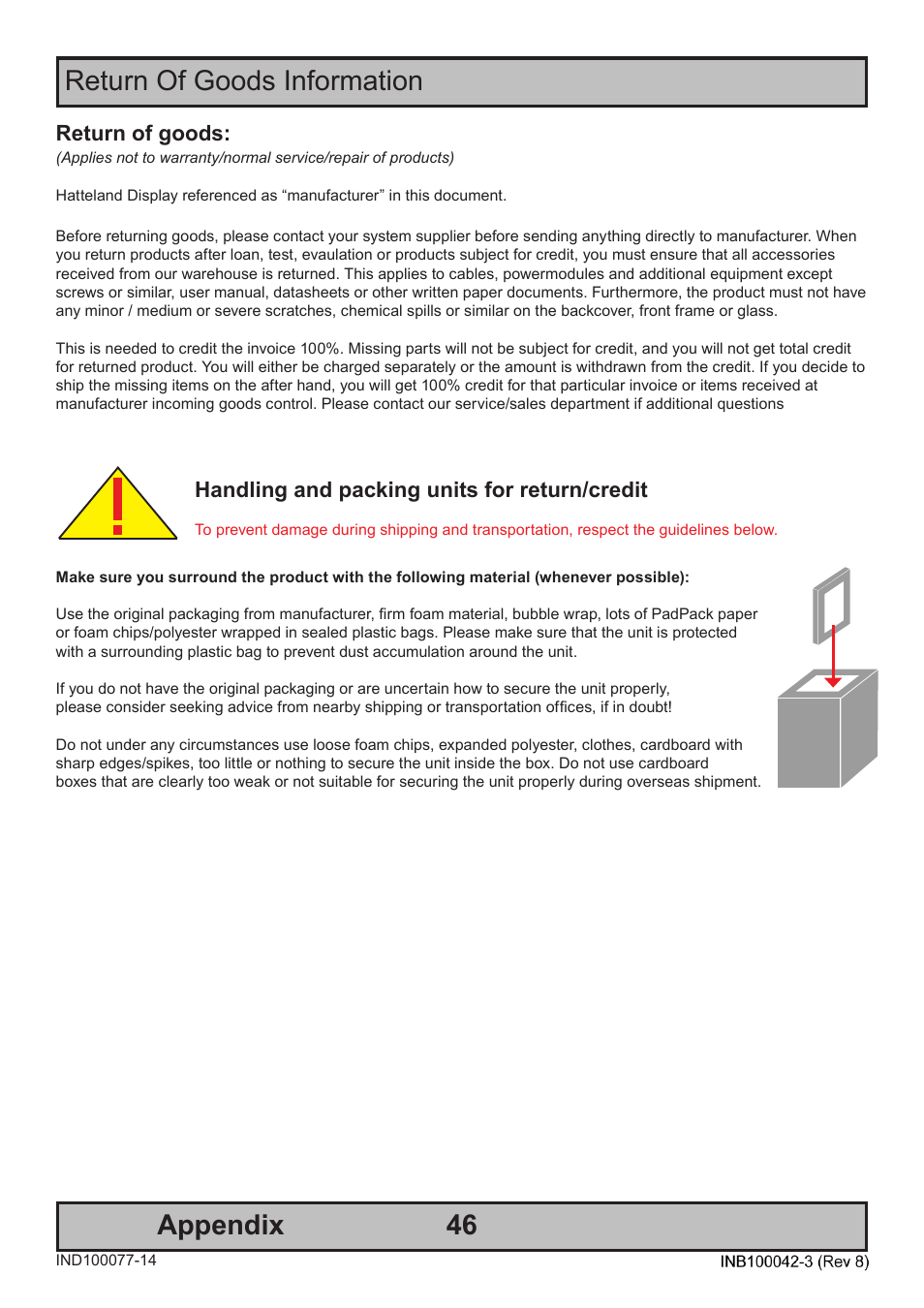 Appendix, Return of goods information, Return of goods | Handling and packing units for return/credit | Hatteland Display HM C01 (Rugged) User Manual | Page 46 / 52