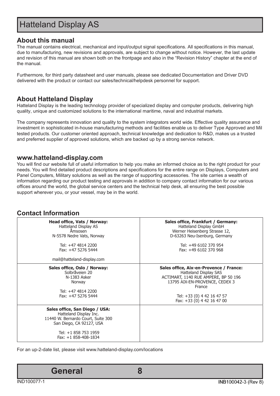 8hatteland display as, General, About this manual | About hatteland display, Contact information | Hatteland Display HM C01 (Rugged) User Manual | Page 8 / 52