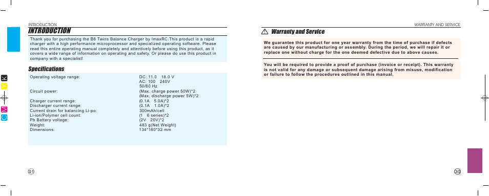 Introduction, Specifications, Warranty and service | Imaxrc B6-TWINS User Manual | Page 2 / 16
