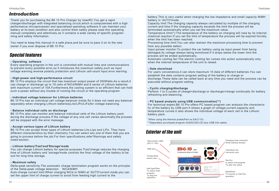 Special features, Exterior of the unit, Introduction | Imaxrc B610-PRO User Manual | Page 2 / 13
