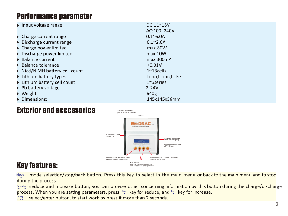Exterior and accessories key features, Performance parameter | Imaxrc B606-AC-PRO User Manual | Page 5 / 20