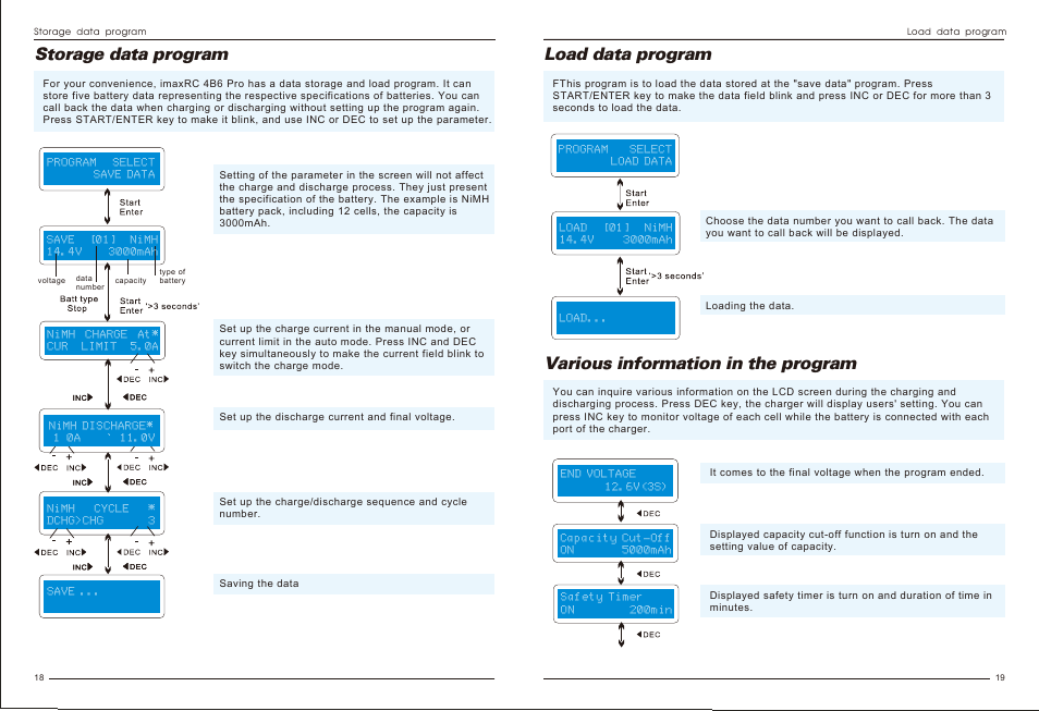 Storage data program, Load data program, Various information in the program | Imaxrc 4B6-PRO User Manual | Page 11 / 13