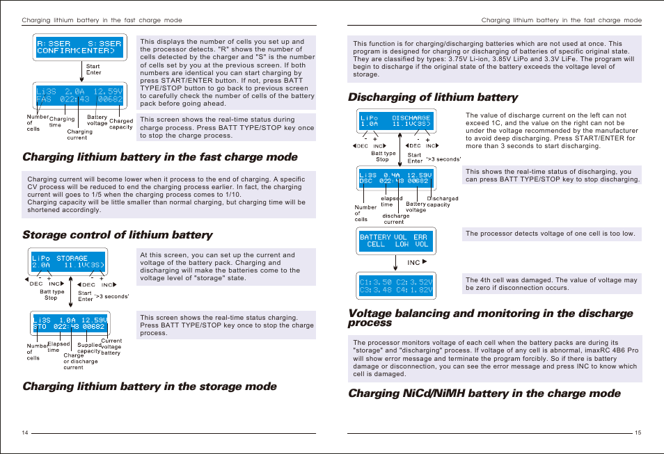 Charging nicd/nimh battery in the charge mode, Charging lithium battery in the storage mode, Charging lithium battery in the fast charge mode | Storage control of lithium battery | Imaxrc 4B6-PRO User Manual | Page 9 / 13