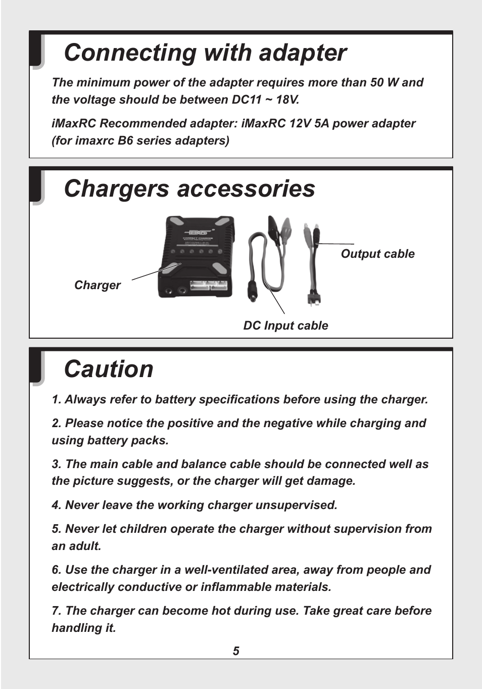 Connecting with adapter chargers accessories, Caution | Imaxrc B6-Compact User Manual | Page 7 / 16
