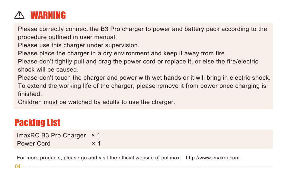 Warning, Packing list | Imaxrc B3-Compact User Manual | Page 5 / 6