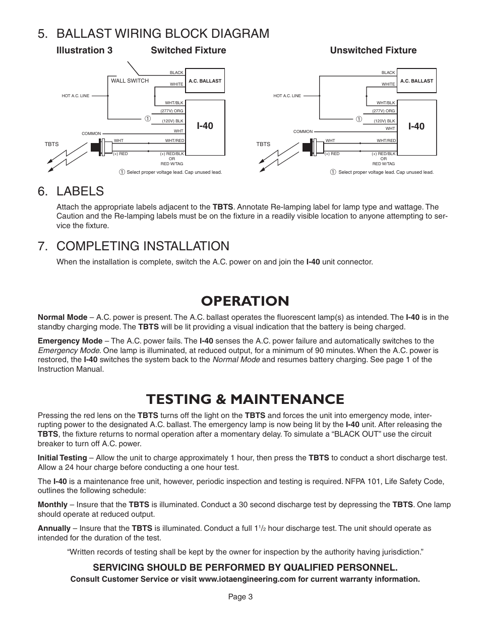 Operation, Testing & maintenance, Ballast wiring block diagram 6. labels | Completing installation | IOTA I-40 User Manual | Page 3 / 4