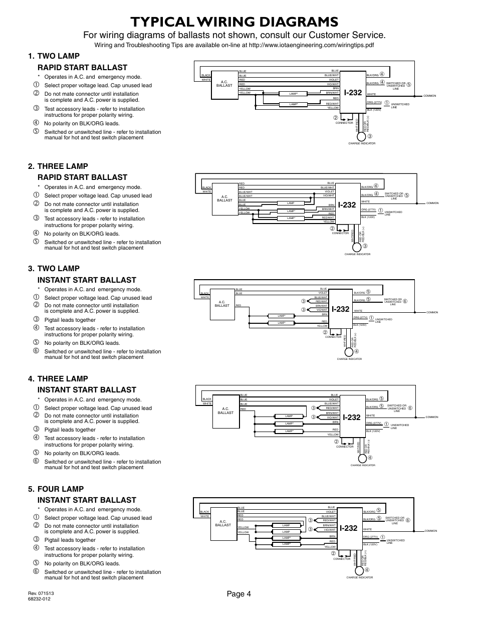 Typical wiring diagrams, Page 4, I-232 | I-232 1, Two lamp rapid start ballast, Three lamp rapid start ballast, Two lamp instant start ballast, Three lamp instant start ballast, Four lamp instant start ballast | IOTA I-232 User Manual | Page 4 / 4