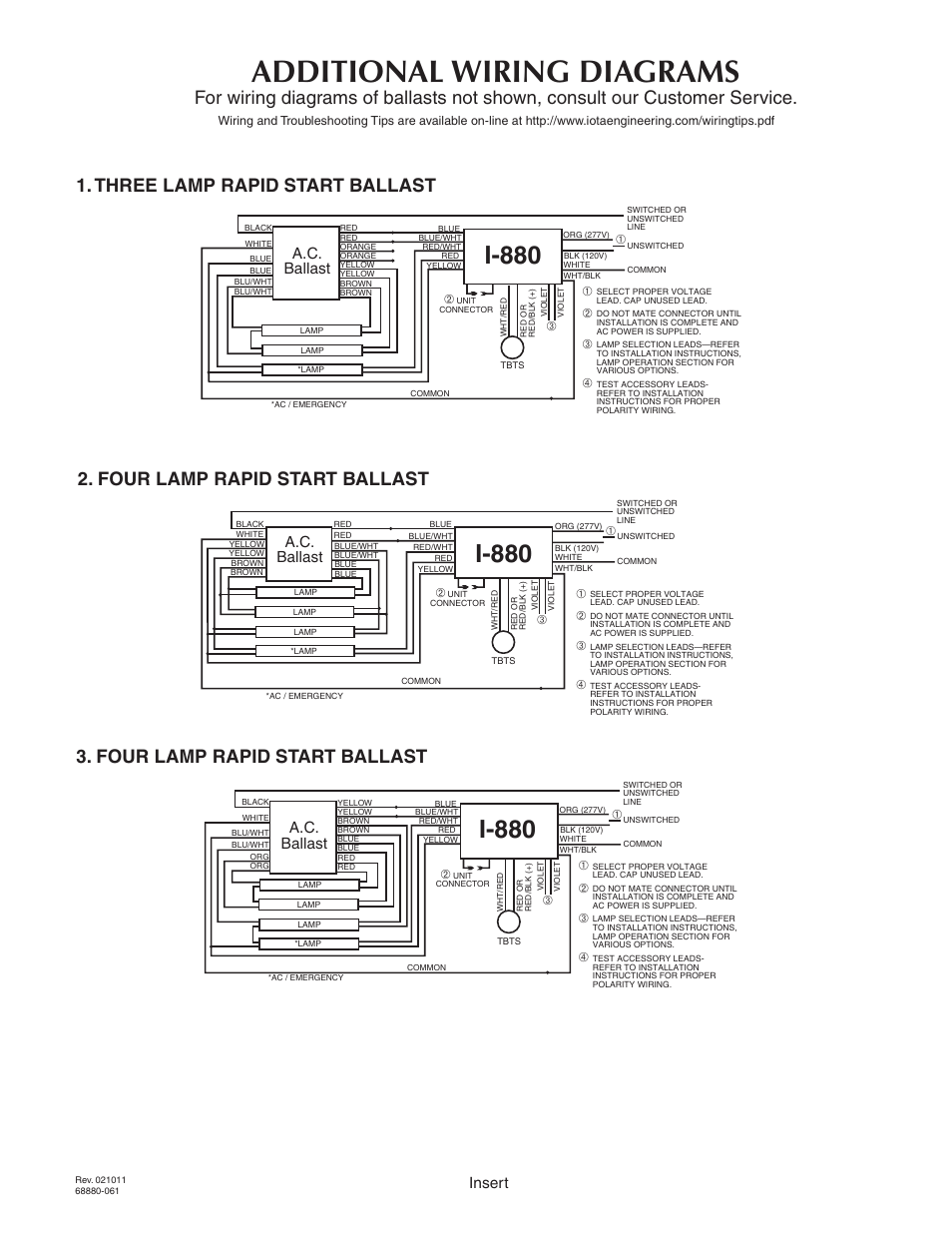 Additional wiring diagrams, I-880, Page 5 | A.c. ballast, Insert | IOTA I-880 User Manual | Page 5 / 5