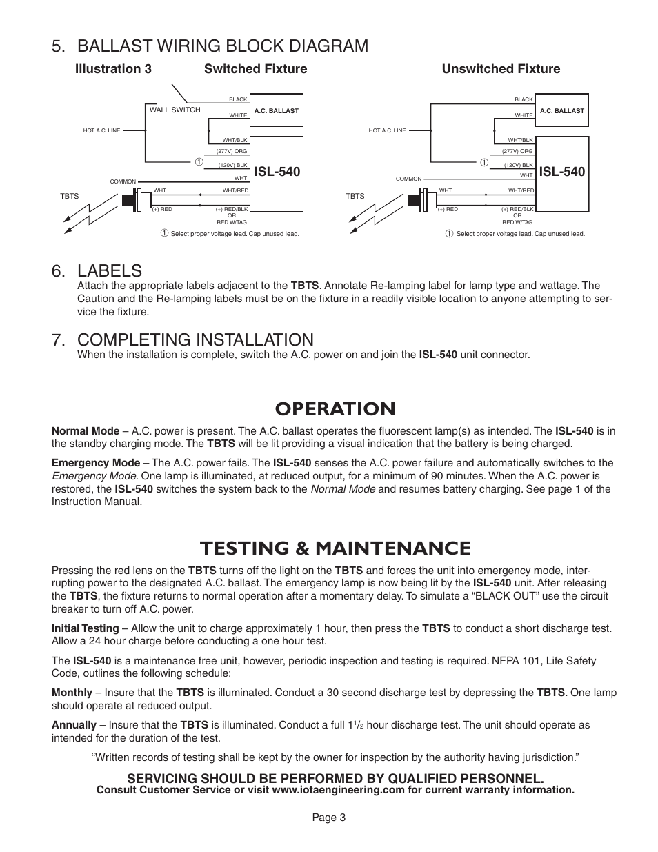 Operation, Testing & maintenance, Ballast wiring block diagram 6. labels | Completing installation | IOTA ISL-540-35W User Manual | Page 3 / 5